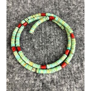 Turquoise Heishi Bead Wrap Necklace Red Coral Double Strand 27g No Clasp